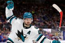 San Jose Sharks center Tomas Hertl (48) reacts after scoring a goal against the New York Island ...