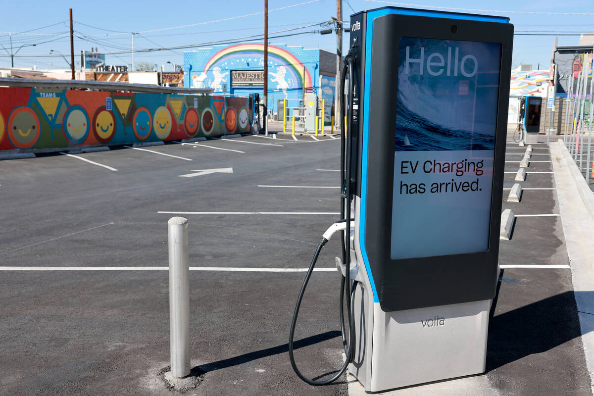 Electric vehicle charging stations are shown in the Arts District in Las Vegas on Thursday, Mar ...