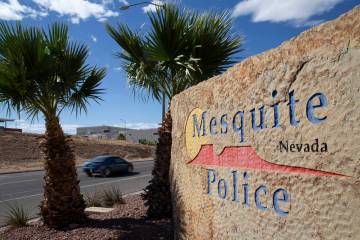 A vehicle passes the Mesquite Police Department on Wednesday, June 2, 2021. (Ellen Schmidt/Las ...