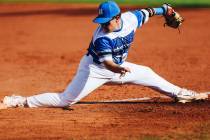 Basic first baseman Derek Bain (24) lunges to catch the ball for a putout during a baseball gam ...