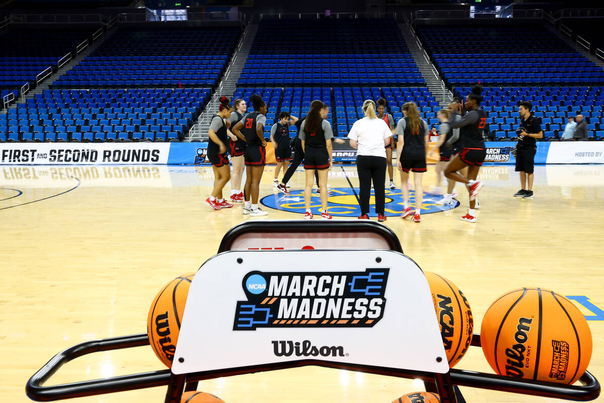 The UNLV Lady Rebels gather during practice at UCLA’s Pauley Pavilion on Friday, March 2 ...