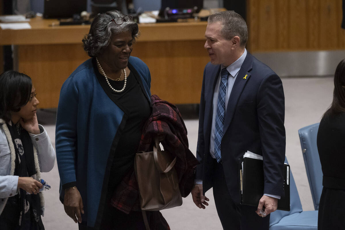 Gilad Erdan, Permanent Representative of Israel to the United Nations, right, and Linda Thomas- ...