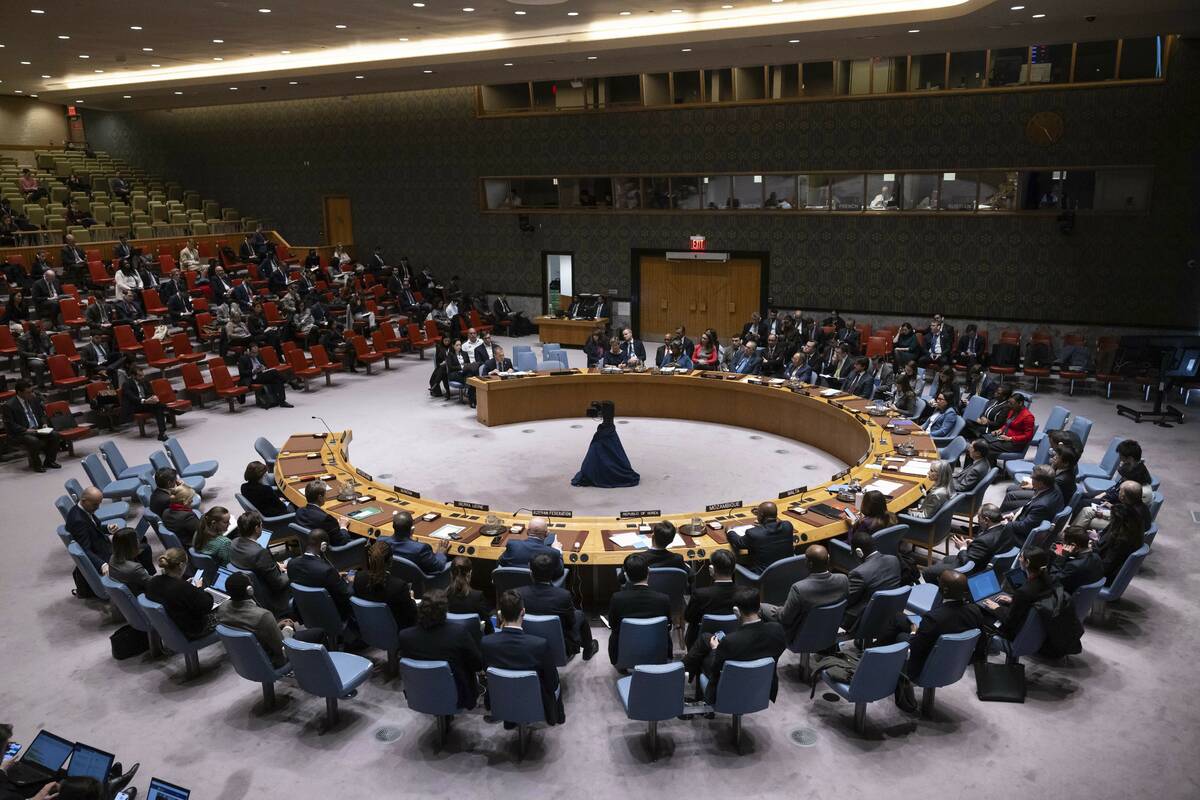 A general view shows a Security Council meeting at United Nations headquarters, Friday, March. ...