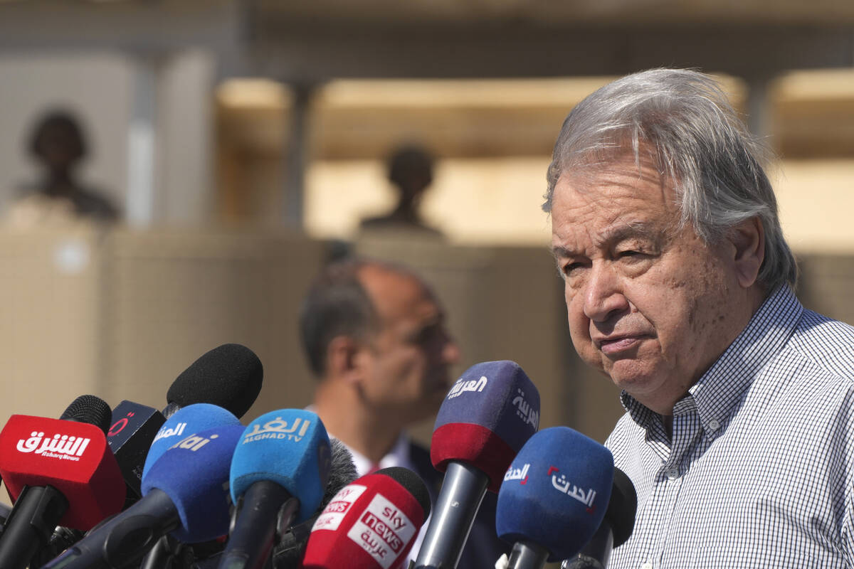 United Nations Secretary General Antonio Guterres speaks after his visit to the Rafah border cr ...