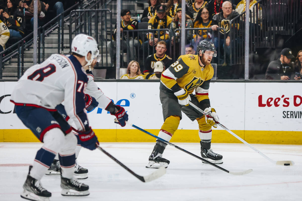 Golden Knights right wing Anthony Mantha (39) shuffles the puck to the net during an NHL hockey ...