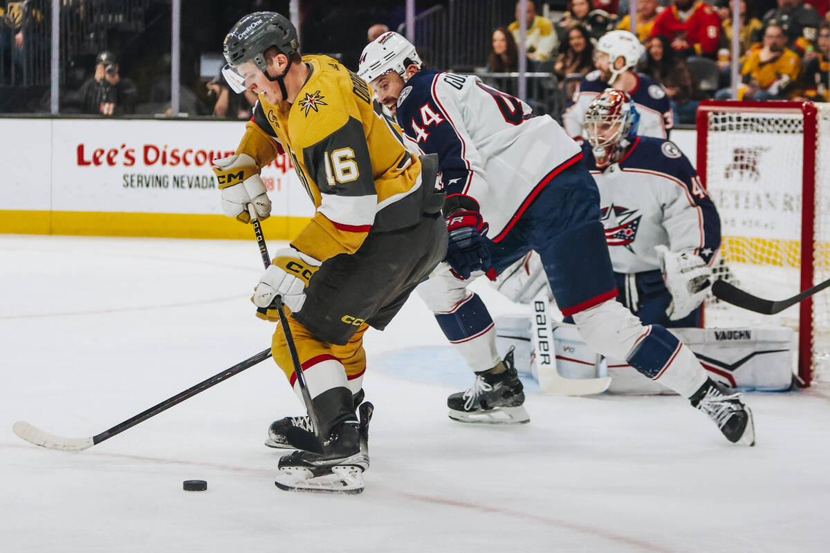 Golden Knights left wing Pavel Dorofeyev (16) moves the puck during an NHL hockey game between ...