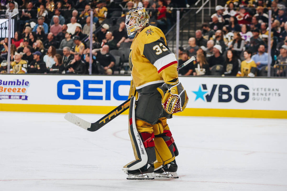 Golden Knights goaltender Adin Hill (33) is seen during an NHL hockey game between the Golden K ...