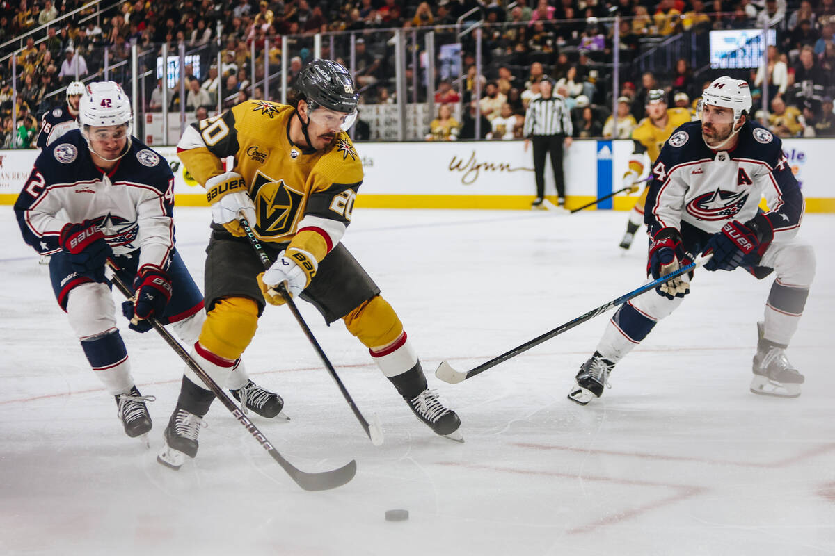 Golden Knights center Chandler Stephenson (20) skates after the puck during an NHL hockey game ...