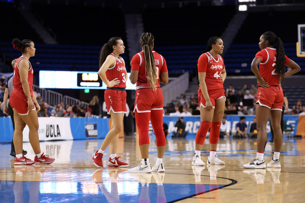 The UNLV Lady Rebels wait for the Creighton Bluejays to finish a time out during the second hal ...