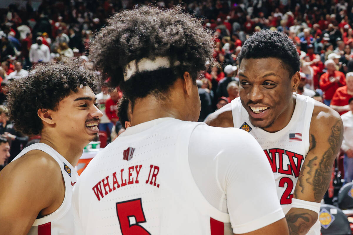 UNLV forward Karl Jones (22) celebrates with his teammates after winning a second-round NIT gam ...