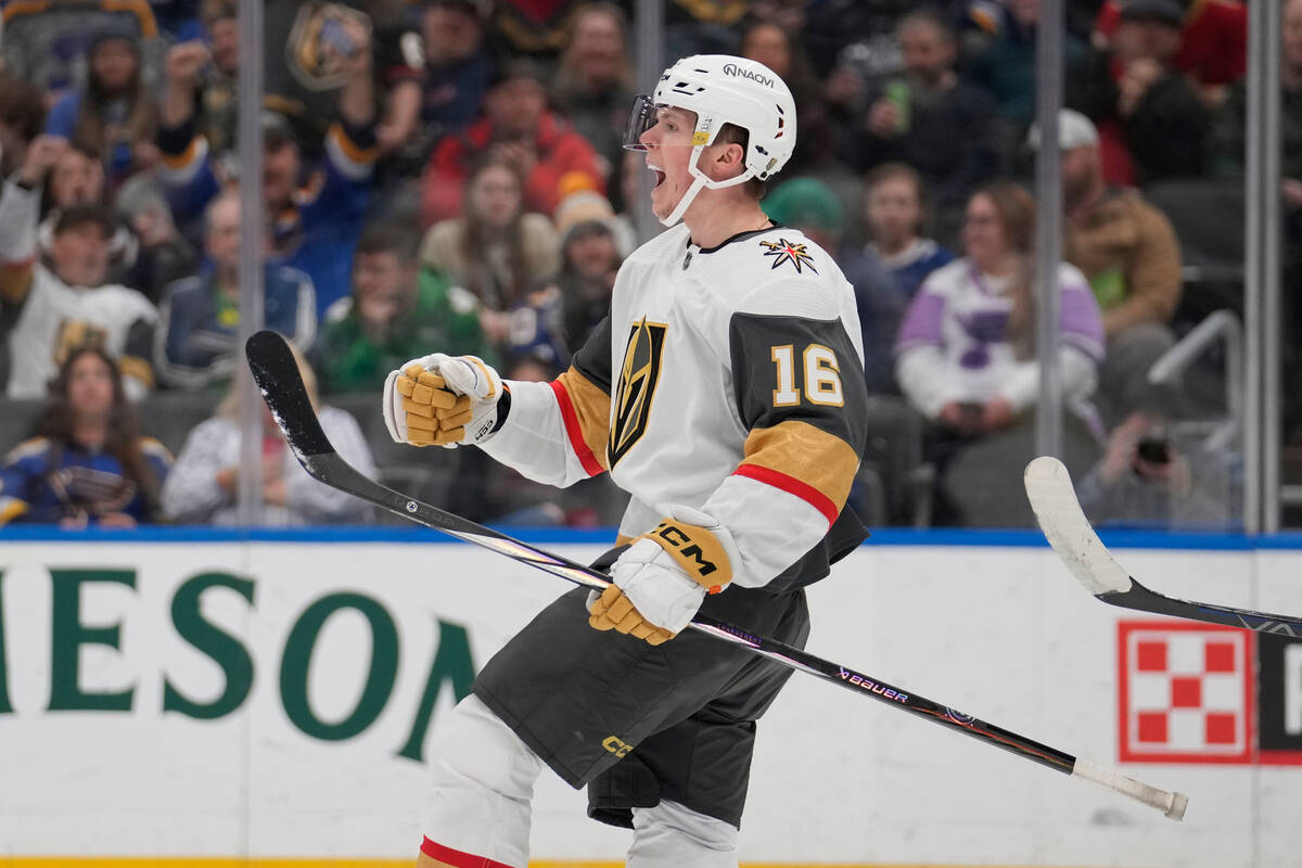 Vegas Golden Knights' Pavel Dorofeyev (16) celebrates after scoring during the first period of ...