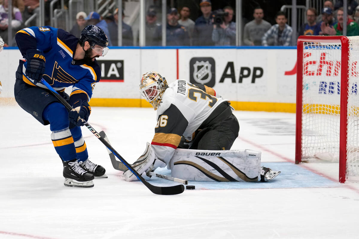 St. Louis Blues' Nick Leddy (4) is unable to score past Vegas Golden Knights goaltender Logan T ...