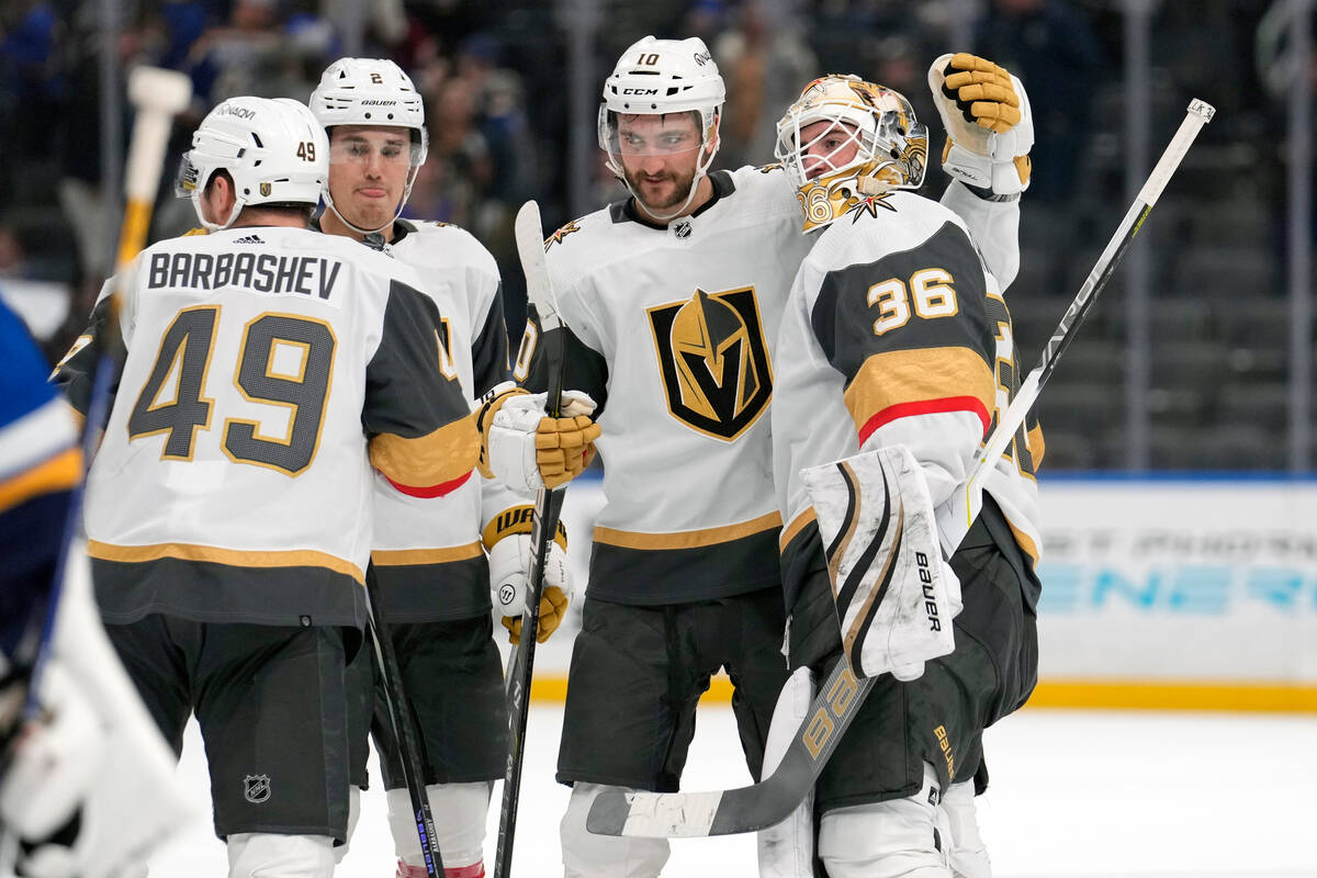 Vegas Golden Knights goaltender Logan Thompson (36) celebrates as overtime victory over the St. ...