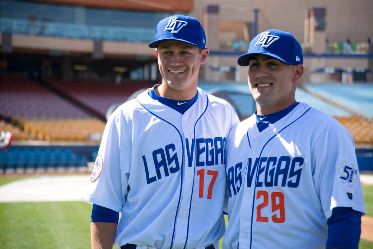 Las Vegas natives Paul Sewald (17), left, and Chasen Bradford (29) pose for photos during media ...