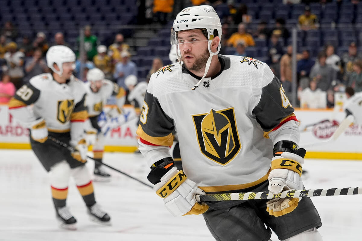 Vegas Golden Knights center Paul Cotter (43) warms up for the team's NHL hockey game against th ...