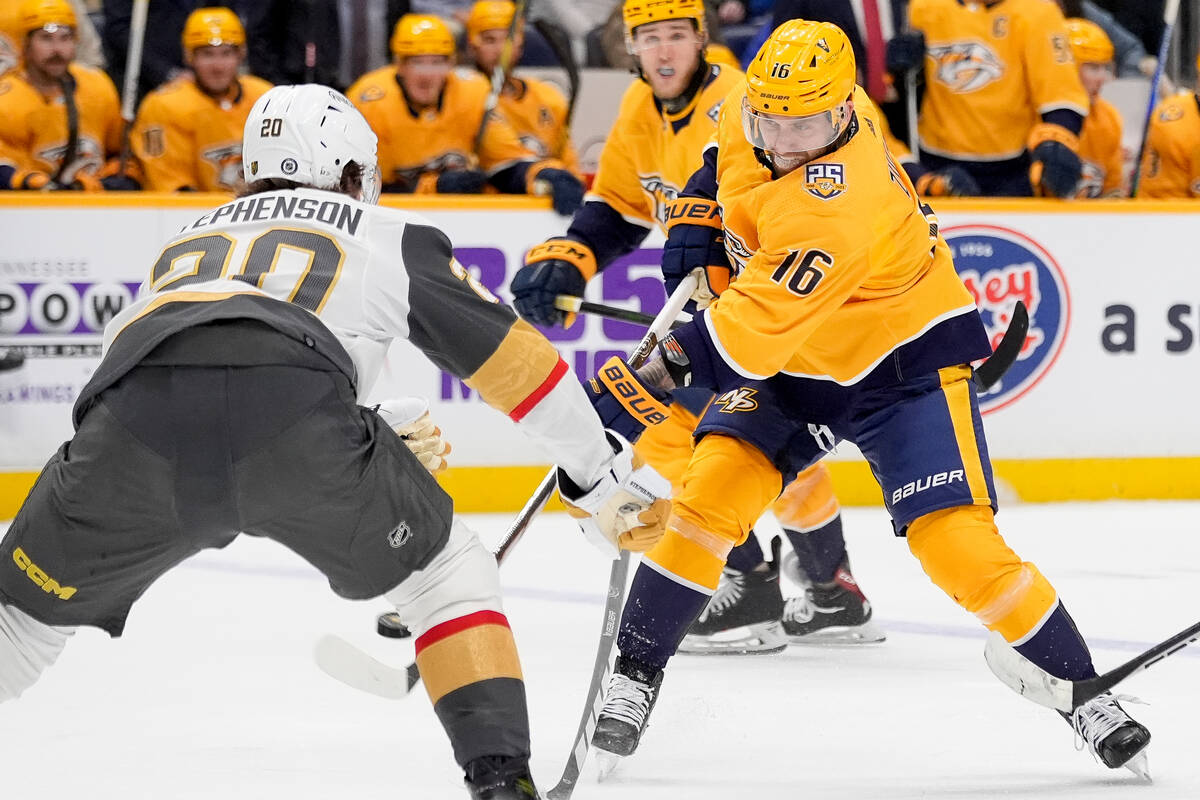 Nashville Predators left wing Jason Zucker (16) shoots the puck past Vegas Golden Knights cente ...