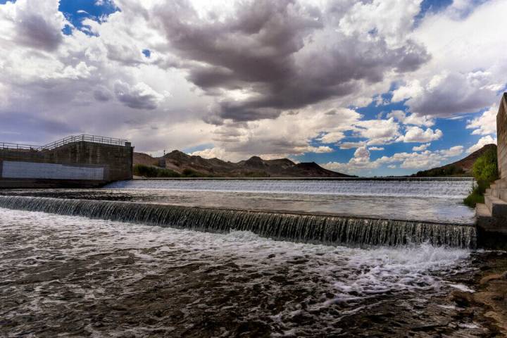 A rainstorm builds near the Rainbow Gardens Weir along the Las Vegas Wash on Aug. 17, 2023, in ...