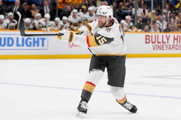Vegas Golden Knights defenseman Noah Hanifin (15) plays during the first period of an NHL hocke ...