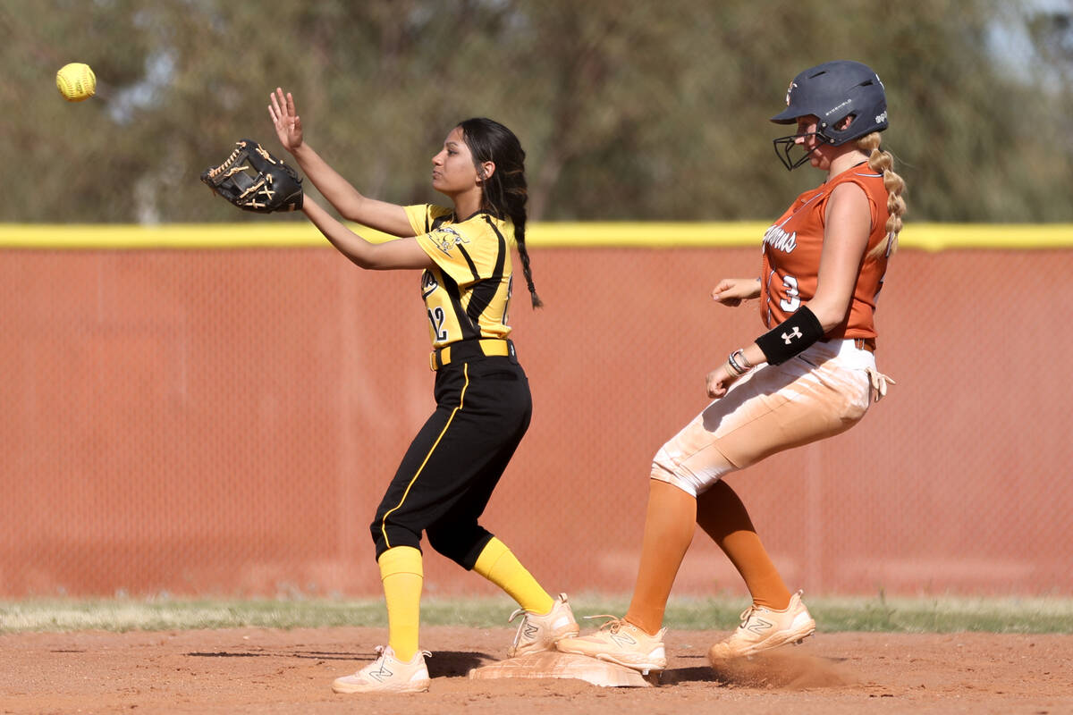 Clark’s Britney Kapugama (12) prepares to catch while Legacy second baseman Rylee Madden ...
