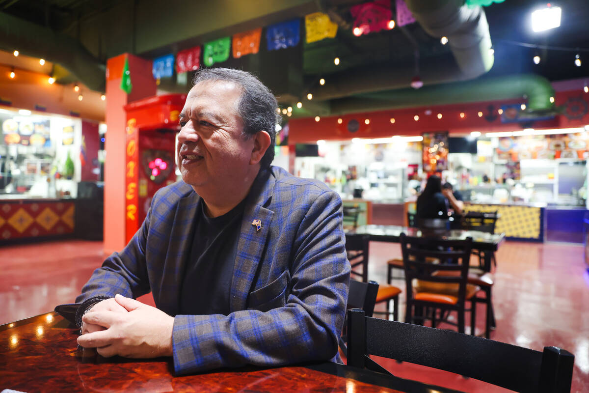 Gil Murillo, of Henderson, speaks to the Review-Journal about his political beliefs in the food ...