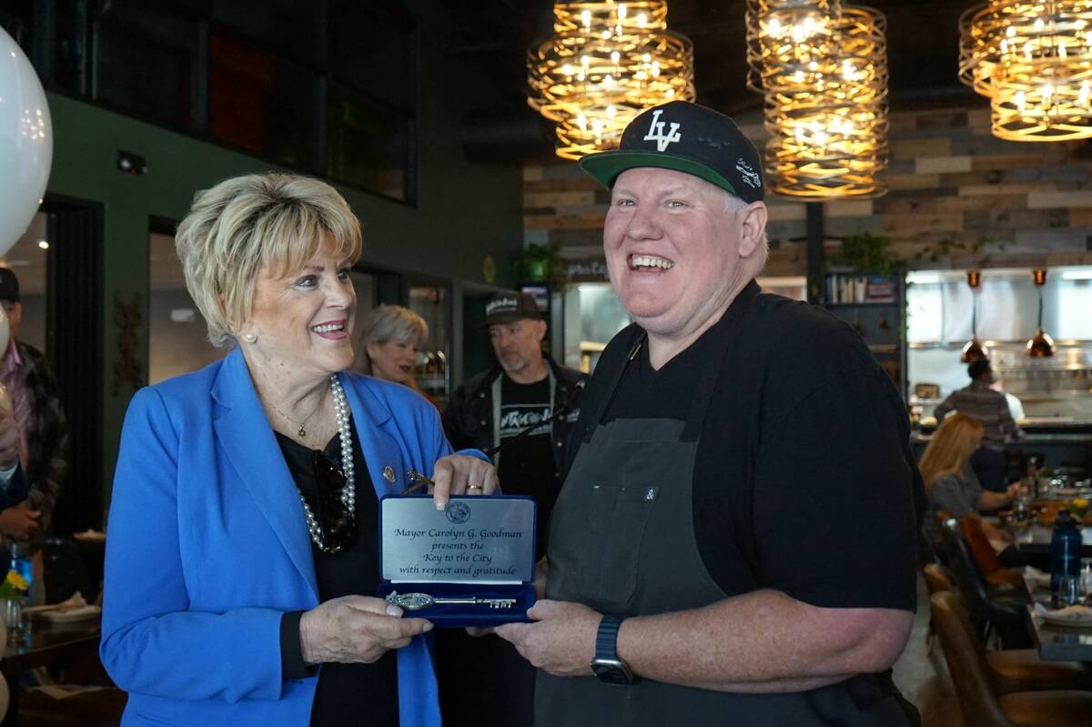 Mayor Carolyn Goodman is shown with Esther's Kitchen Chef James Trees on Thursday, March 28, 20 ...