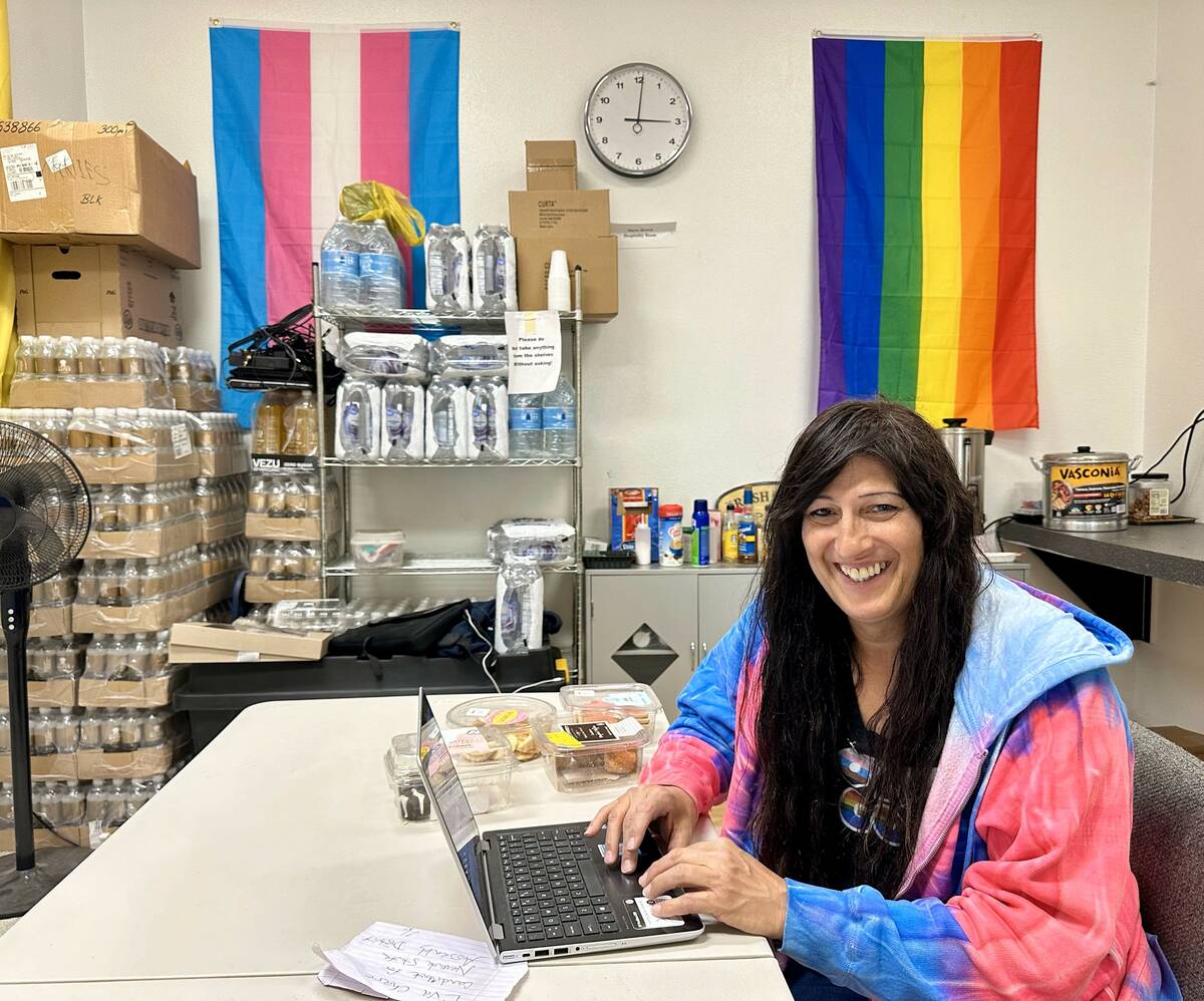 Jamie Lee Sprague-Ballou works on her laptop computer in the nonprofit Las Vegas TransPride off ...