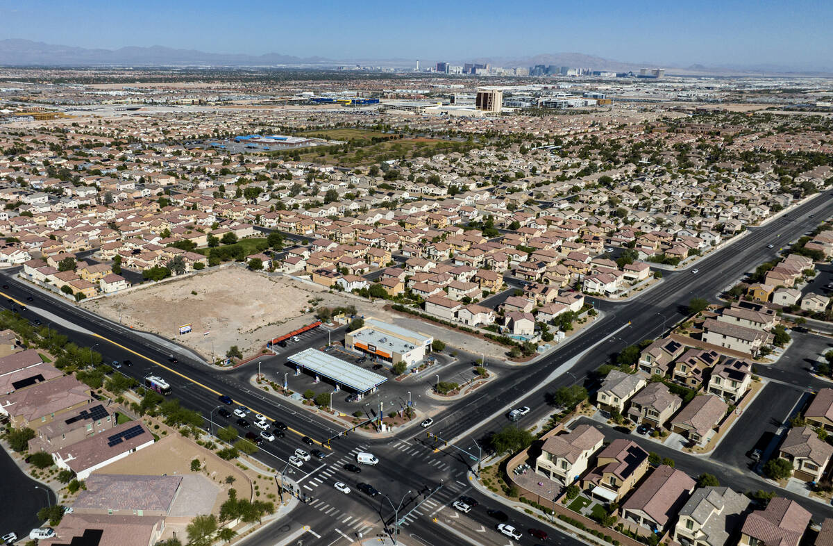 An aerial view of housing as seen from the corner of Fort Apache and Warm Springs Roads, on Mon ...