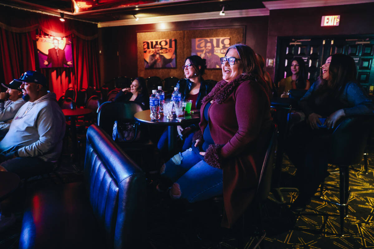 Crowd members laugh during a stand-up by Concrete at the Laugh Factory at the Tropicana on Sund ...