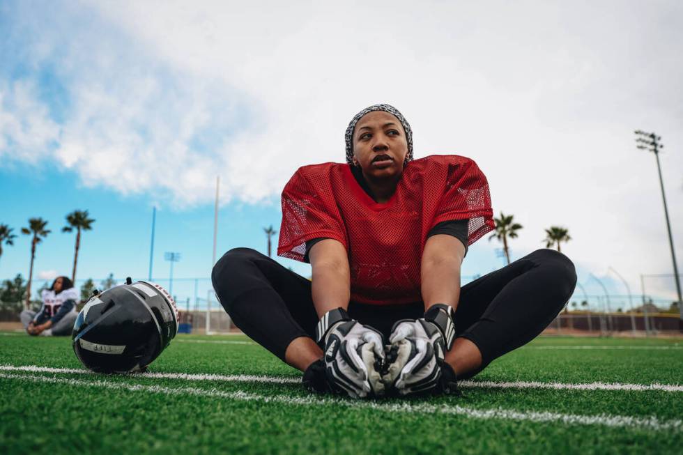 Tiffani Penix, a Las Vegas Silver Stars football player, warms up during team practice at Faith ...