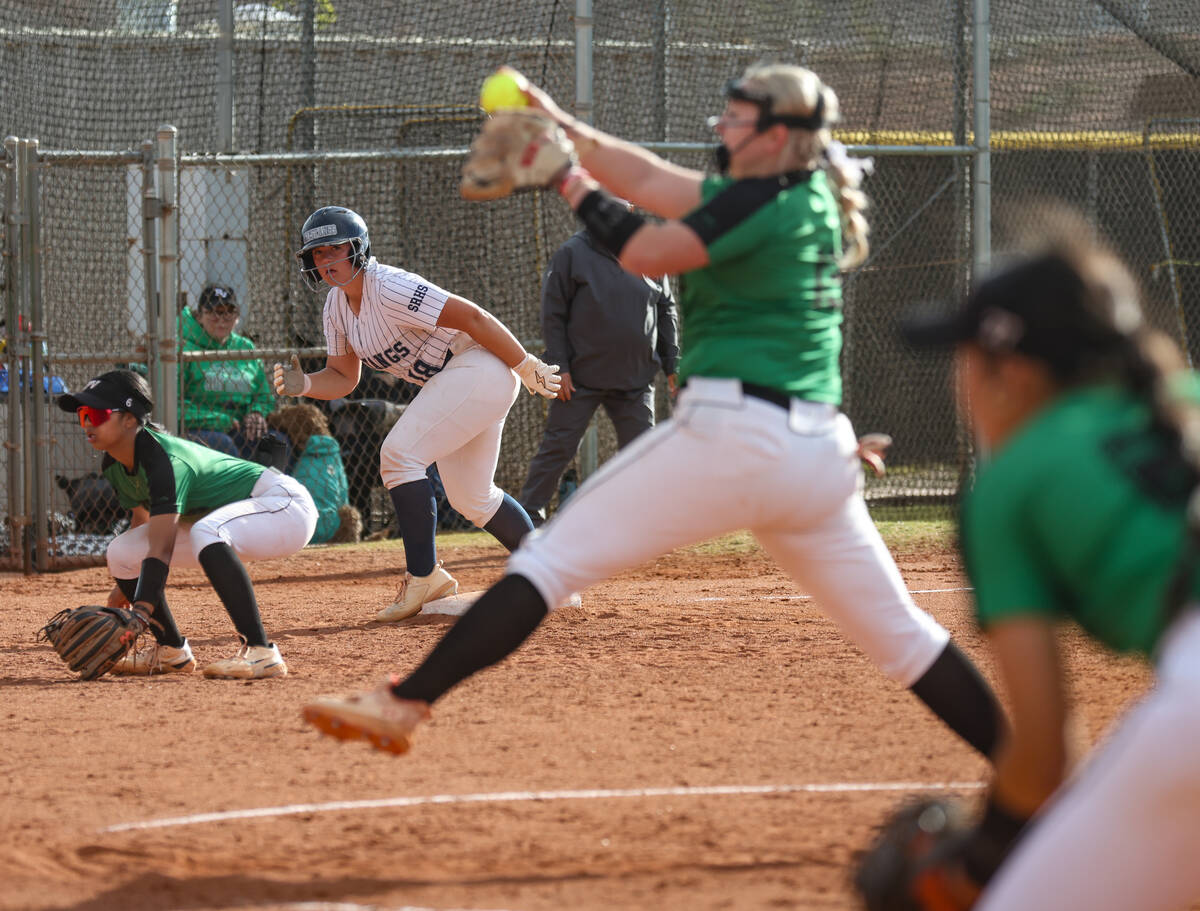 Shadow Ridge High School’s Madison Foster (18) looks on as Palo Verde High School&#x2019 ...