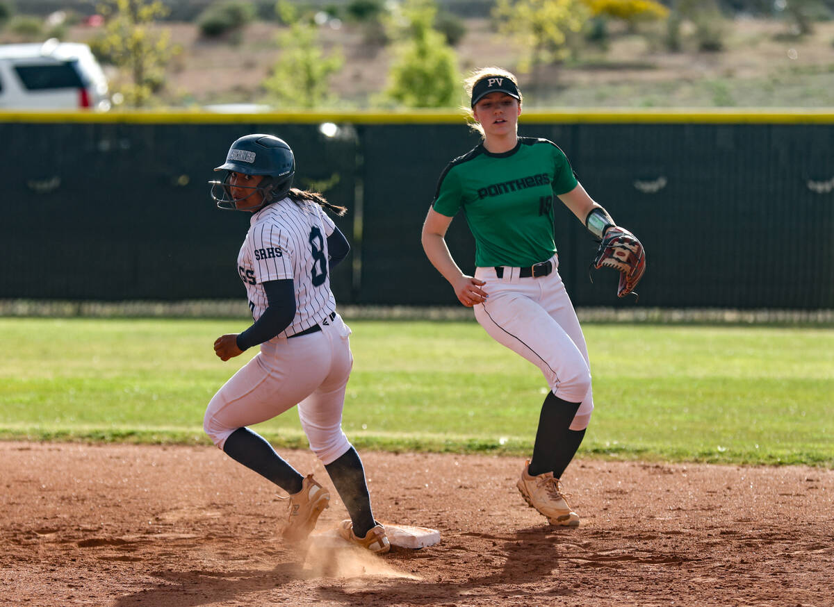 Shadow Ridge High School’s Jimena Barraza (8) runs through second base next to Palo Verd ...