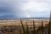 A rainbow towers over the Las Vegas Valley as seen from Lone Mountain on Friday, March 15, 2024 ...