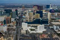 Properties along the Las Vegas Strip are seen on Friday, Feb. 9, 2024, in Las Vegas. (L.E. Bask ...
