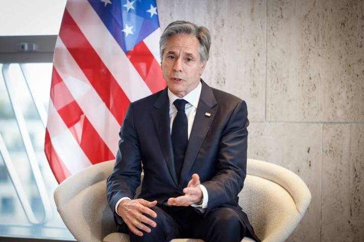 U.S. Secretary of State Antony Blinken speaks with UNESCO Director-General Audrey Azoulay durin ...