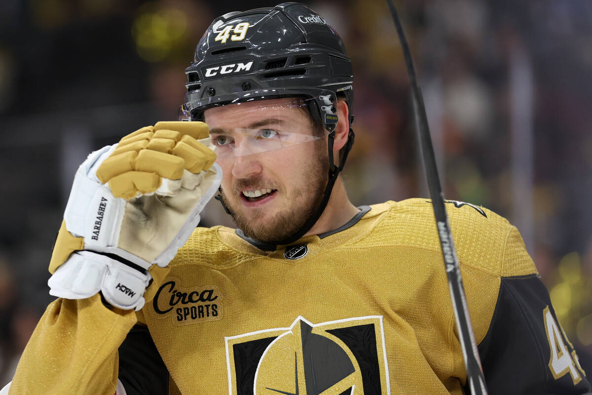 Golden Knights center Ivan Barbashev (49) smiles as the clock dwindles during the third period ...