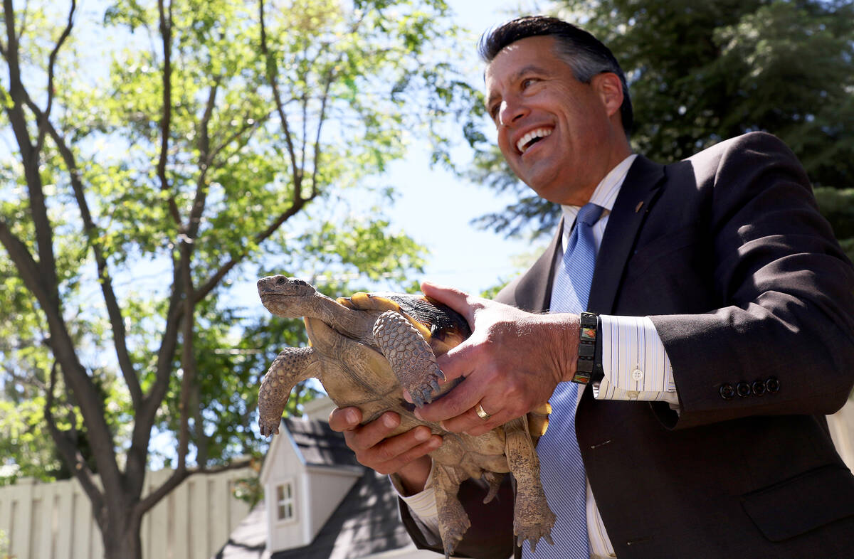 Gov. Brian Sandoval poses with Carson, a desert tortoise the governor adopted through the Torto ...