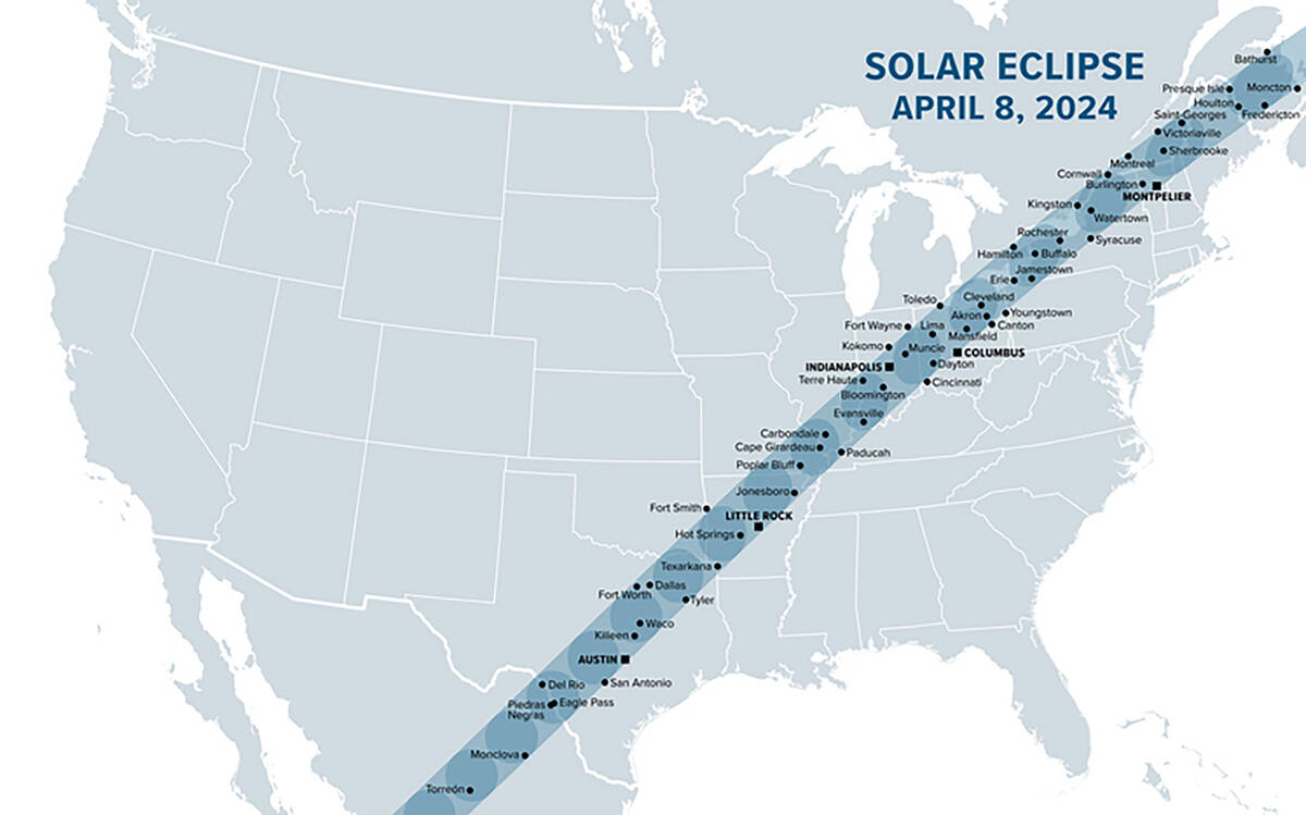 The total solar eclipse on April 8, 2024, will occur in an arc from western Mexico, across Texa ...