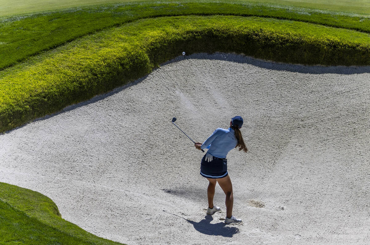 Maria Fassi wedges out of a sand trap on the 8th hole during the first day of the LPGA T-Mobil ...