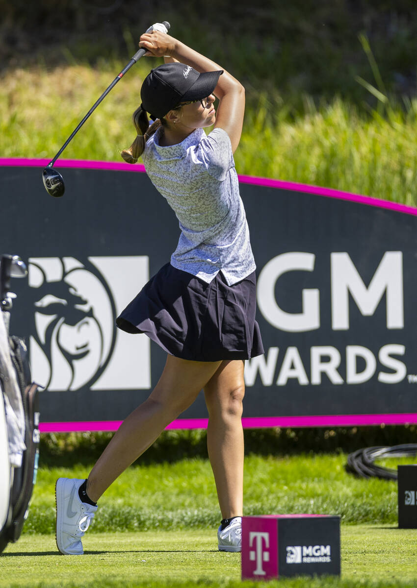 McKenzi Hall of UNLV watches the ball from the 13th tee during the first day of the LPGA T-Mobi ...