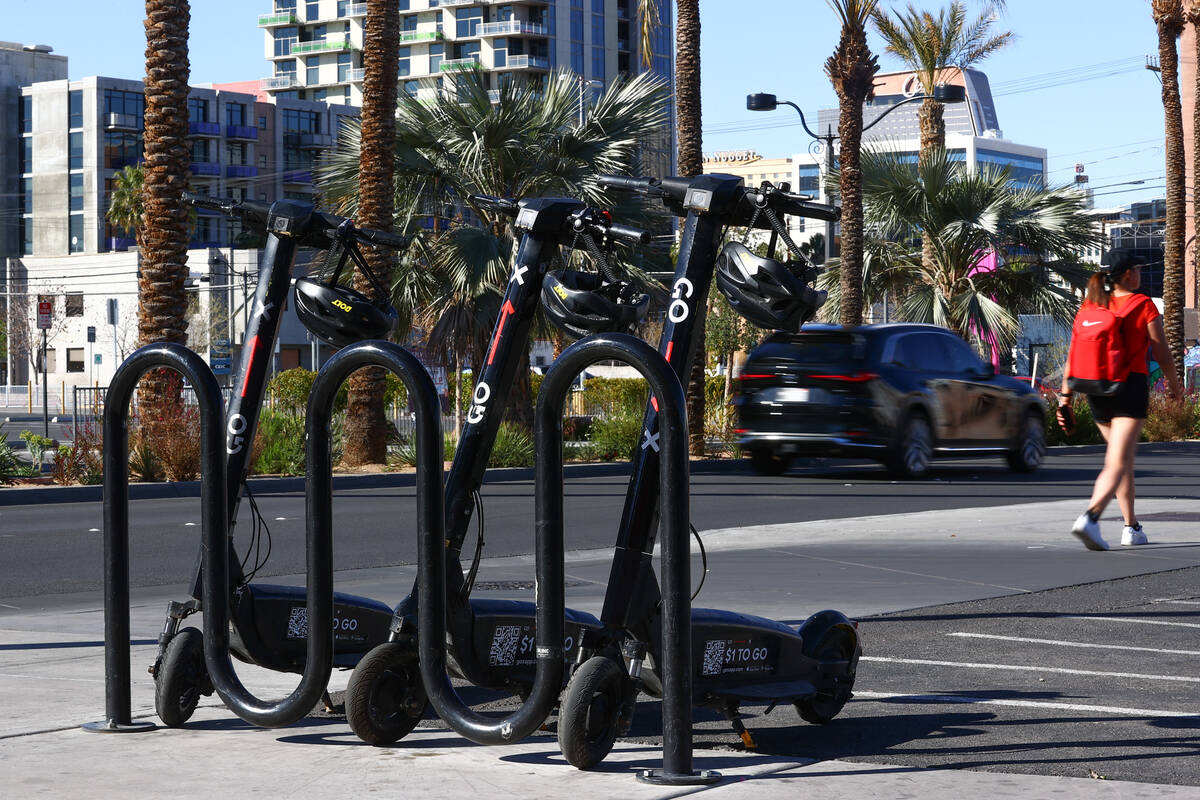 Go X e-scooters are parked in downtown Las Vegas on Wednesday, April 3, 2024. The company&#x201 ...