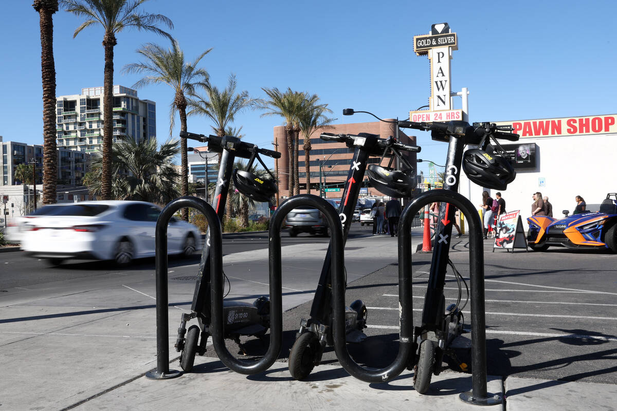 Go X e-scooters are parked in downtown Las Vegas on Wednesday, April 3, 2024. The company&#x201 ...