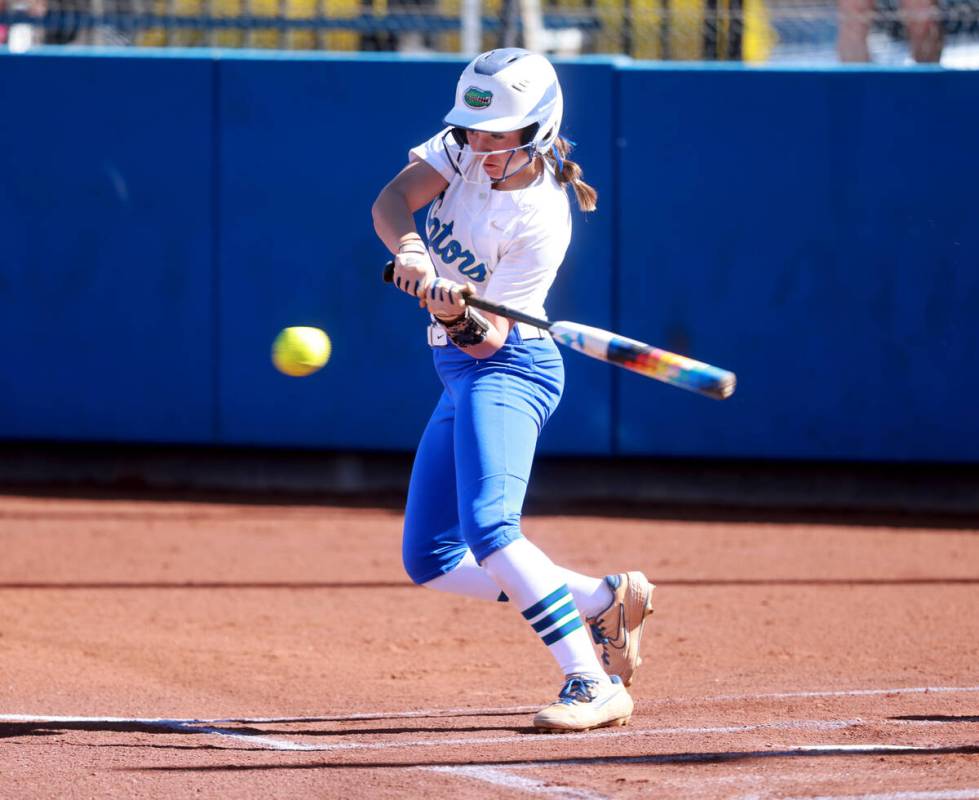 Green Valley’s Lauryn Galvin (3) swings at the ball against Bishop Gorman in the first i ...