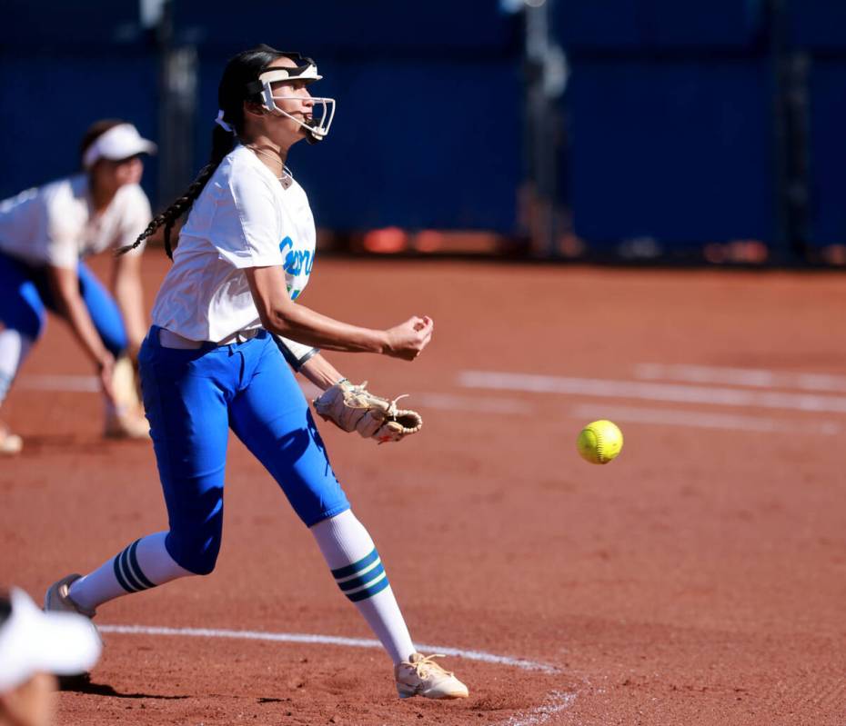 Green Valley pitcher Gracie Rasavong throws against Bishop Gorman in the second inning of their ...