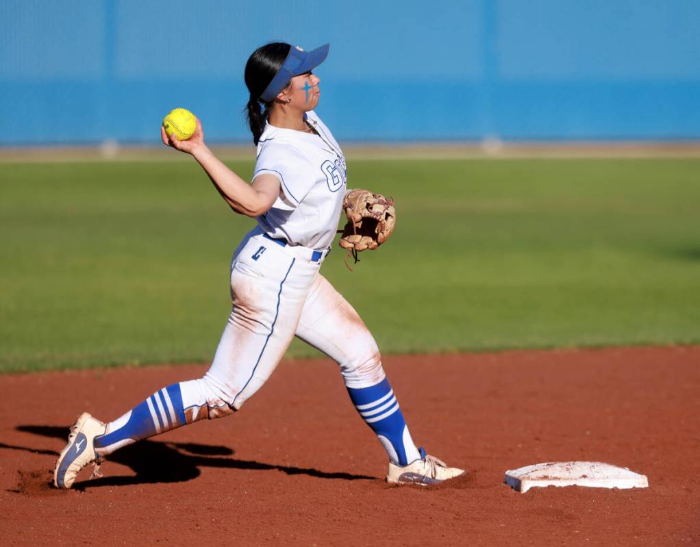 Bishop Gorman shortstop Allie Bernardo (3) throws to first against Green Valley in the sixth in ...