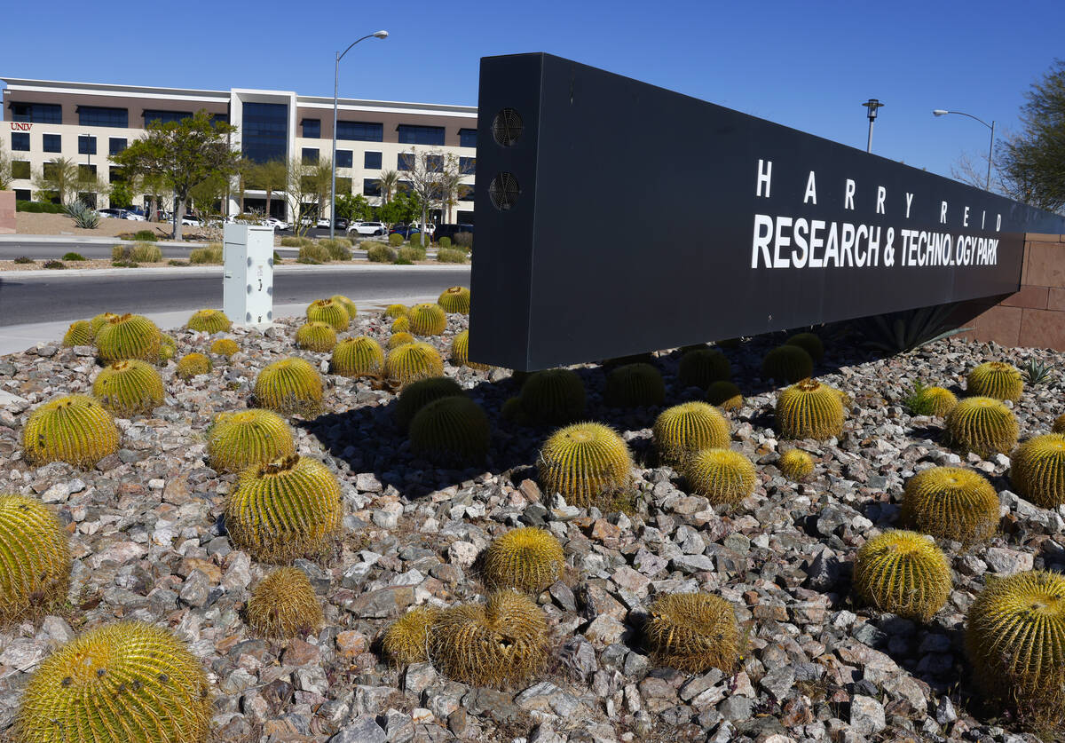 UNLV Black Fire Innovation, the first flagship tech building, left, is pictured at the Harry Re ...