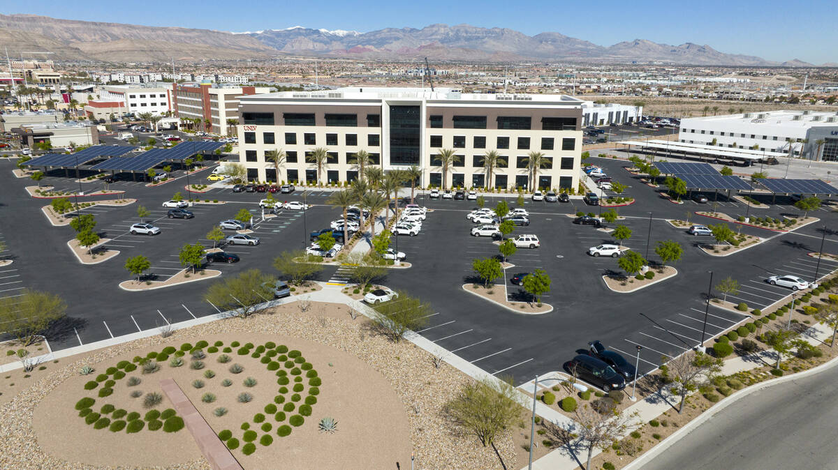 UNLV Black Fire Innovation, the first flagship tech building, left, is pictured at the Harry Re ...