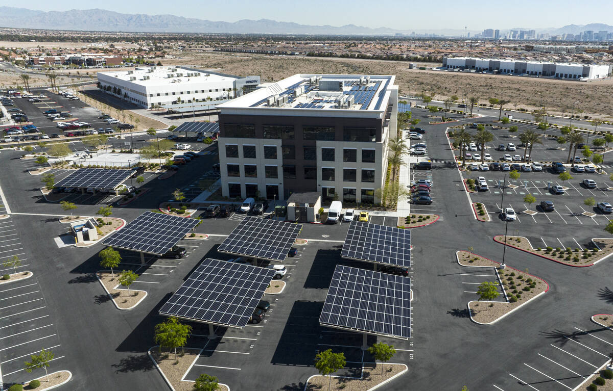 UNLV Black Fire Innovation, center, the first flagship tech building, and UNICITY Nevada buildi ...