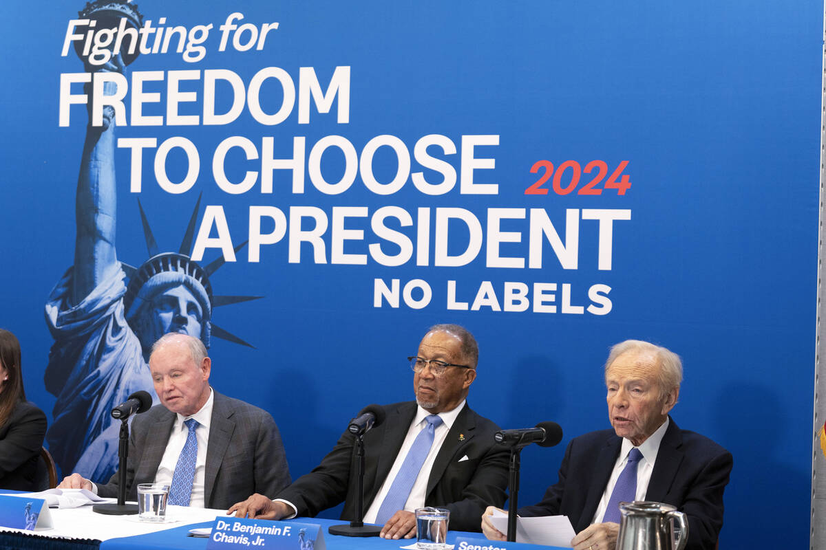 FILE - No Labels leadership and guests from left, Dan Webb, National Co-Chair Dr. Benjamin F. C ...