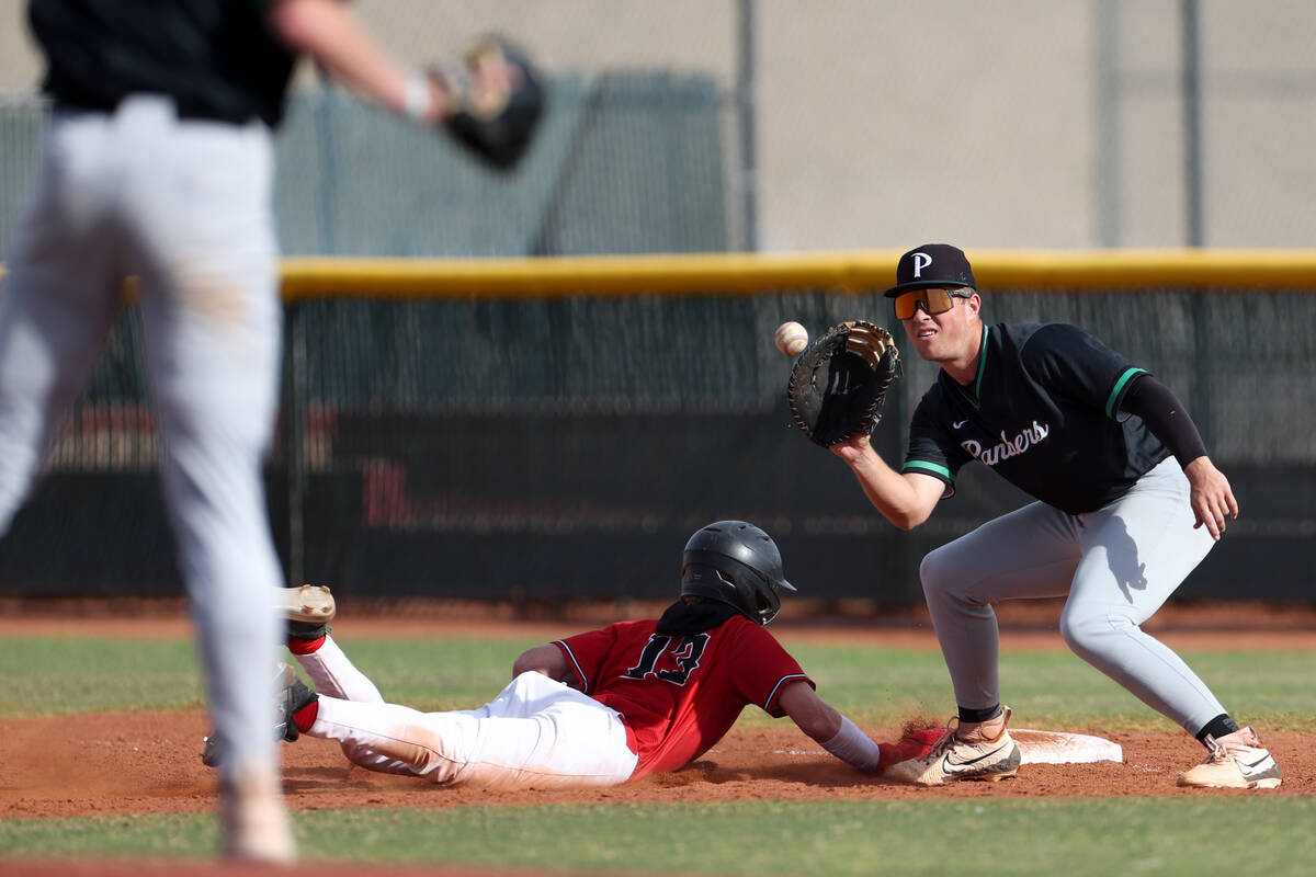 Palo Verde first baseman Tanner Johns prepares to catch while Las Vegas shortstop Kyle Iverson ...