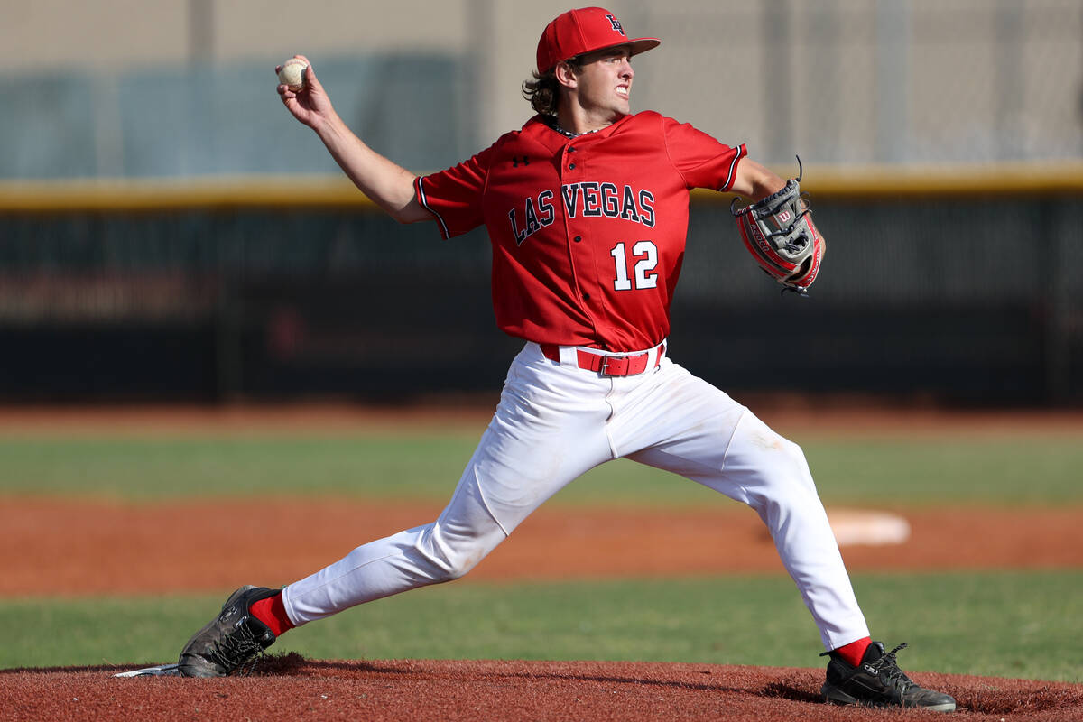 Las Vegas pitcher Carter Francom (12) throws to Palo Verde during a high school baseball game o ...